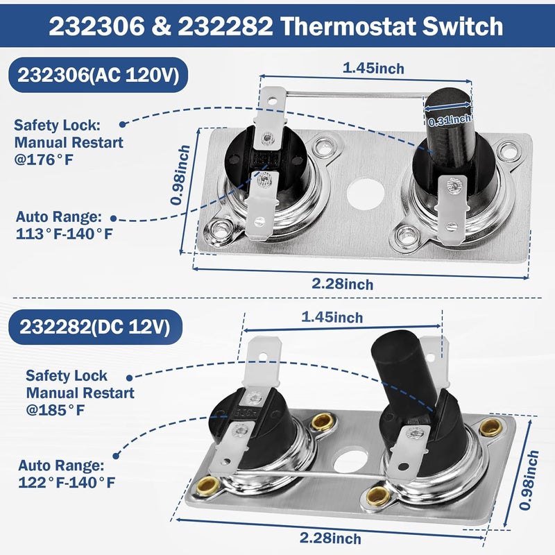 WPL 232306 & 232282 Thermostat Water Heater Limit Switch Kit 12V & 120V T-Stat Compatible with Suburban RV Water Heater SW Series Replace 233534 525007 232306 232282 - Image 2